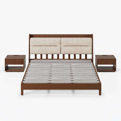 Modern Rubber Wood Bedroom Set with Boucle Headboard and Travertine Top