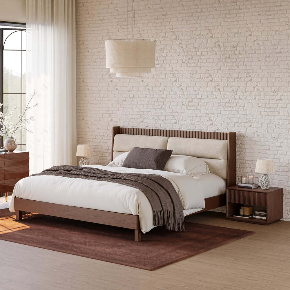 Modern Rubber Wood Bedroom Set with Boucle Headboard and Travertine Top
