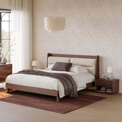 Modern Rubber Wood Bedroom Set with Boucle Headboard and Travertine Top