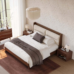 Modern Rubber Wood Bedroom Set with Boucle Headboard and Travertine Top