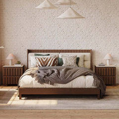 Modern Rubber Wood Bedroom Set with Boucle Headboard and Travertine Top Main Product Image