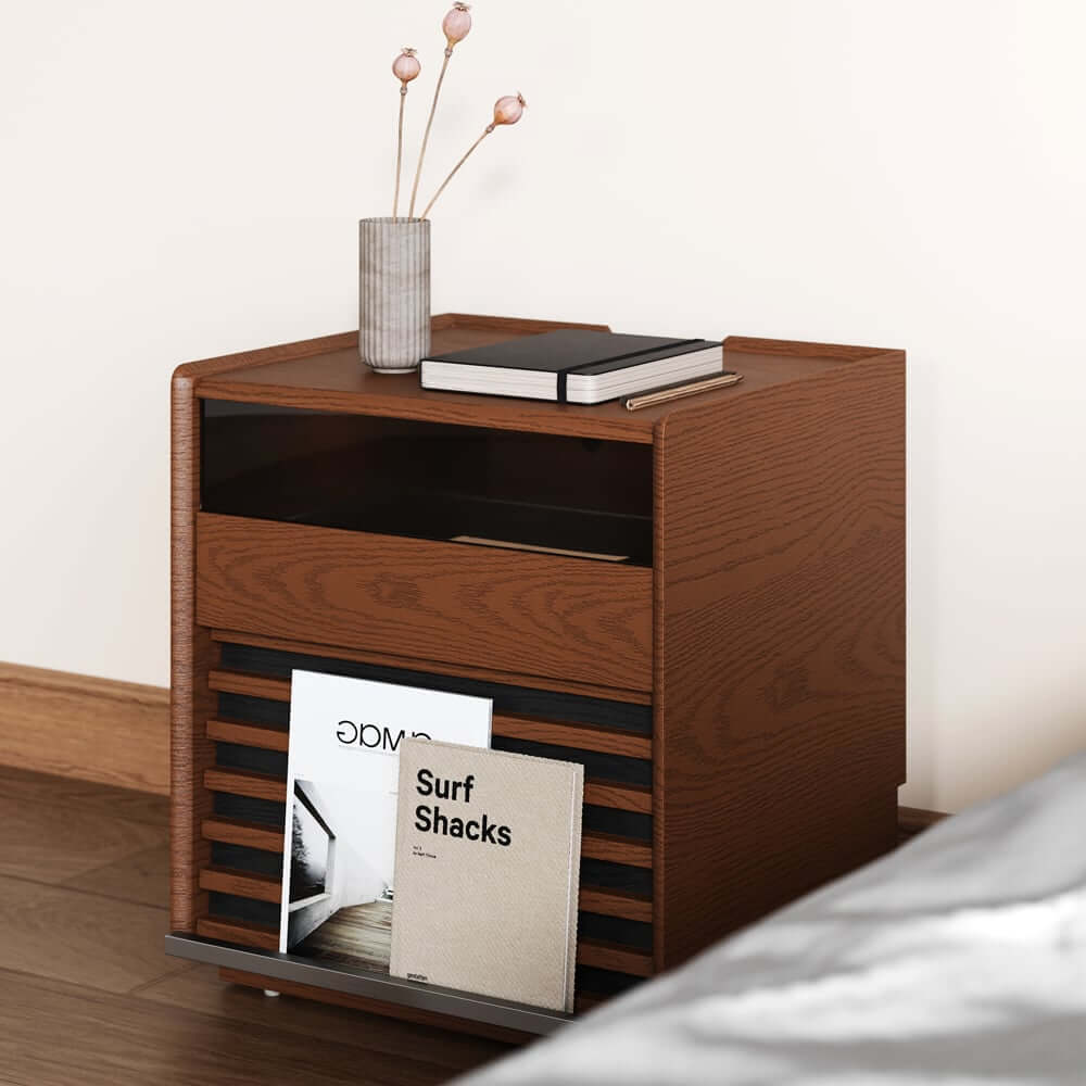 Modern Rubber Wood Nightstand With Built-In Lighting