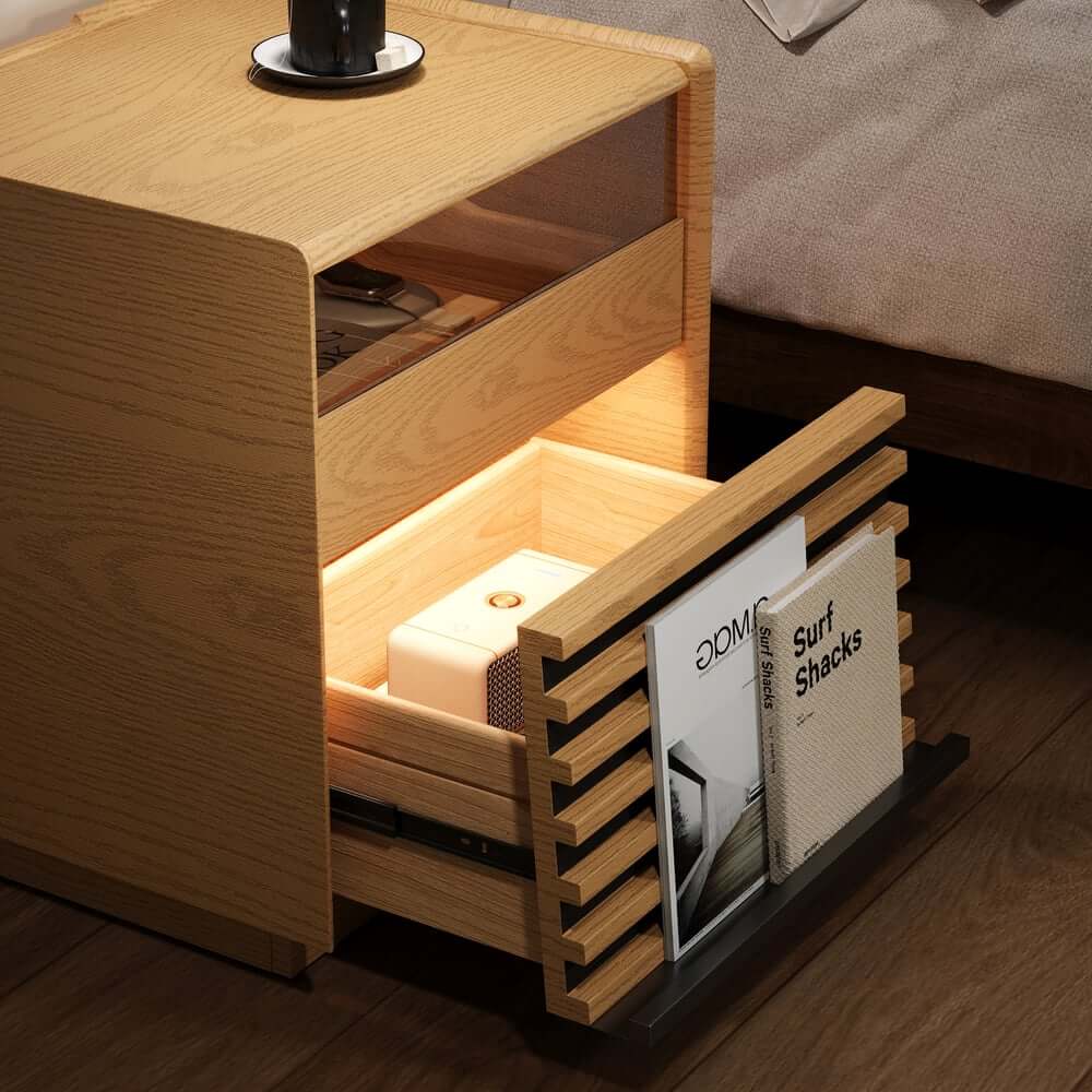 Modern Rubber Wood Nightstand With Built-In Lighting
