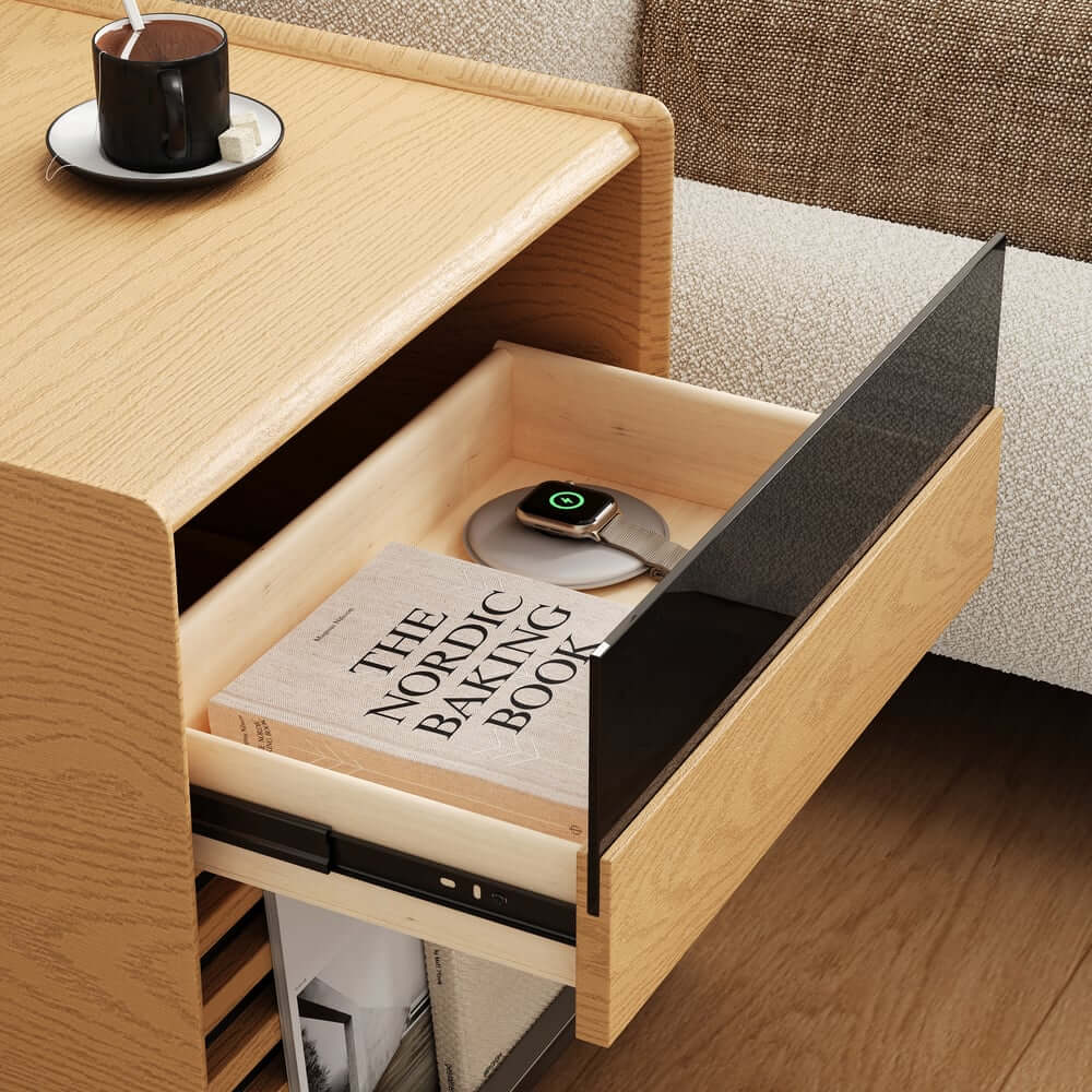 Modern Rubber Wood Nightstand With Built-In Lighting