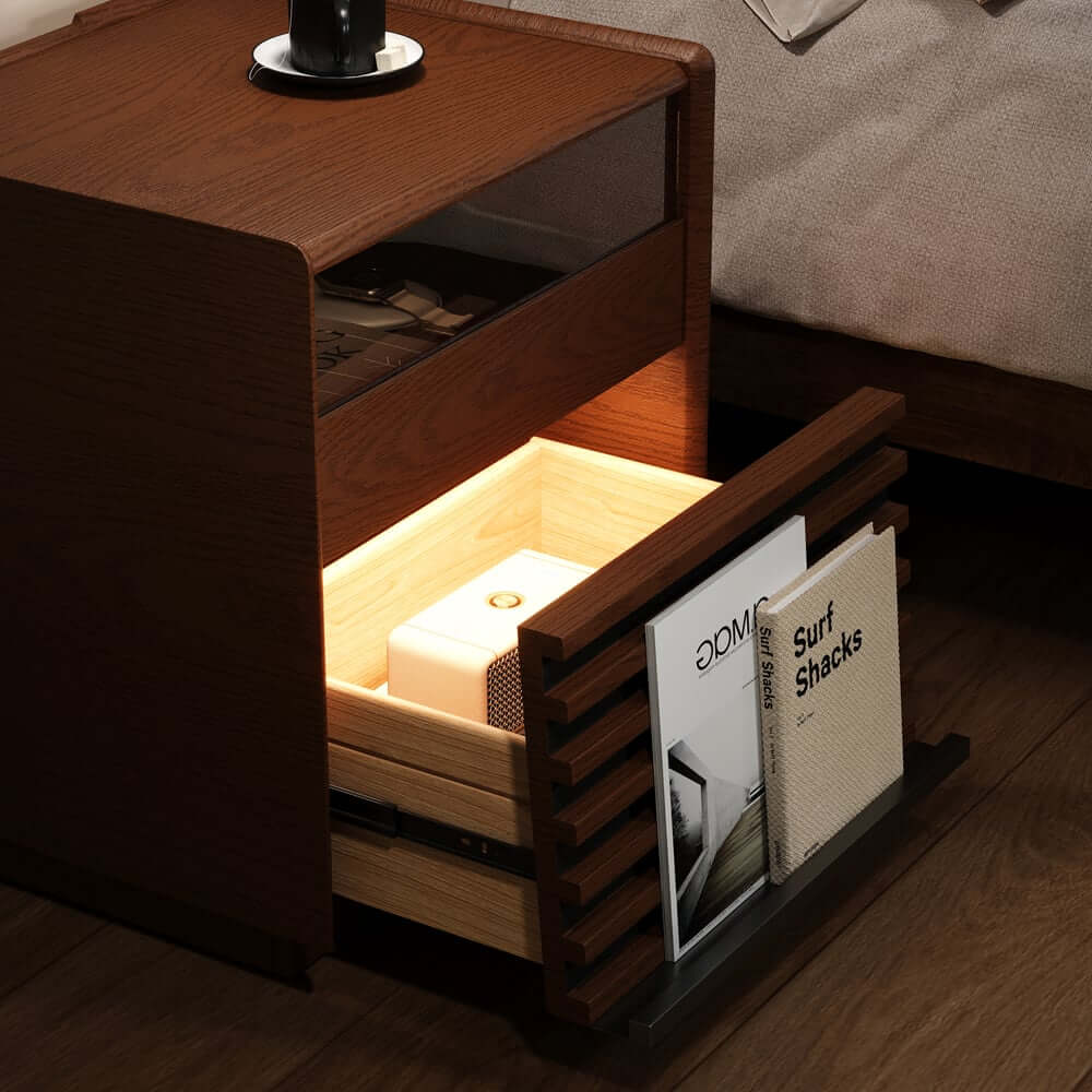 Modern Rubber Wood Nightstand With Built-In Lighting
