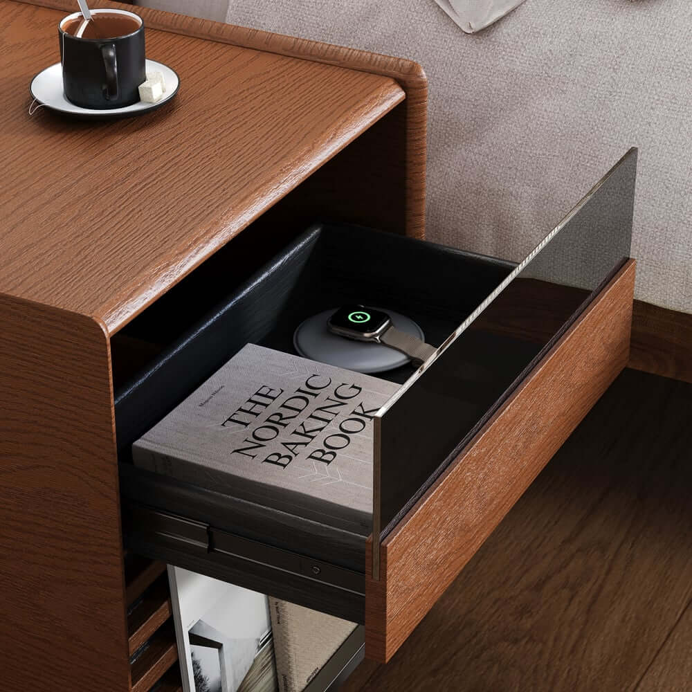 Modern Rubber Wood Nightstand With Built-In Lighting