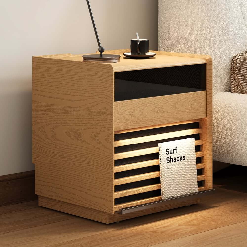 Modern Rubber Wood Nightstand With Built-In Lighting