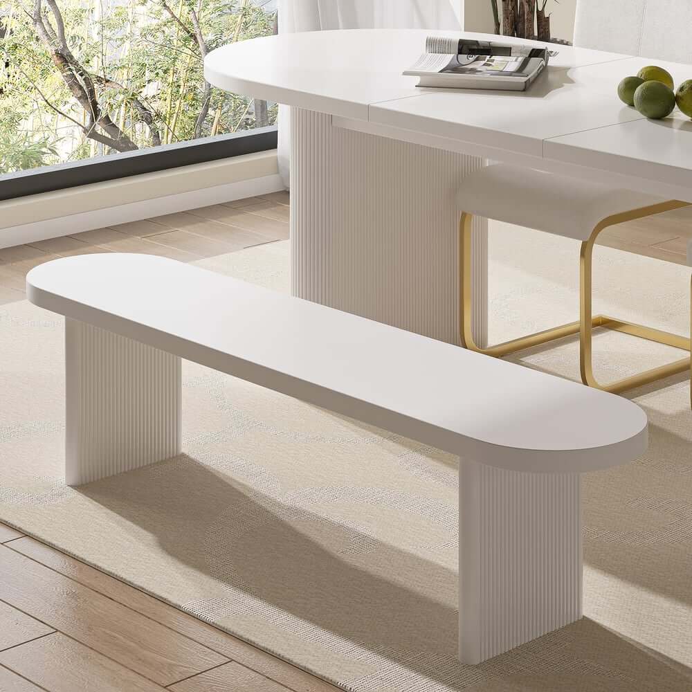 Modern Rubberwood Bench with White Boucle Upholstery