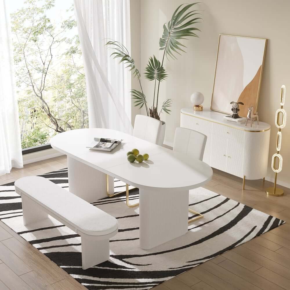 Modern Rubberwood Bench with White Boucle Upholstery