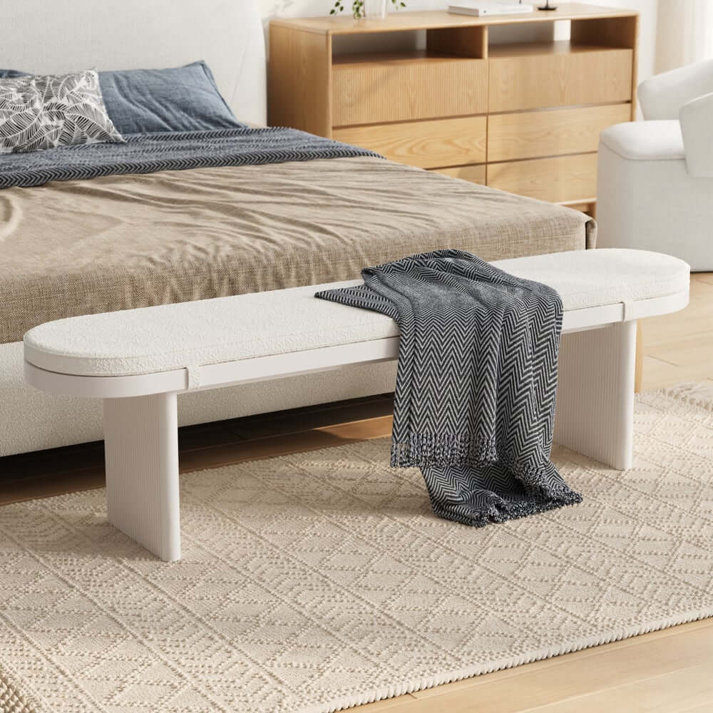 Modern Rubberwood Bench with White Boucle Upholstery