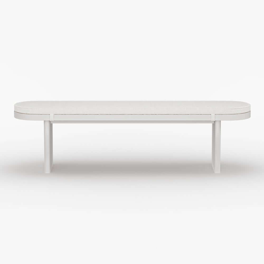 Modern Rubberwood Bench with White Boucle Upholstery