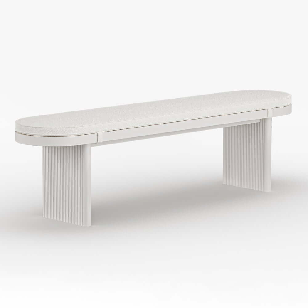 Modern Rubberwood Bench with White Boucle Upholstery