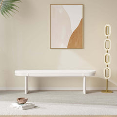 Modern Rubberwood Bench with White Boucle Upholstery