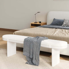 Modern Rubberwood Bench with White Boucle Upholstery