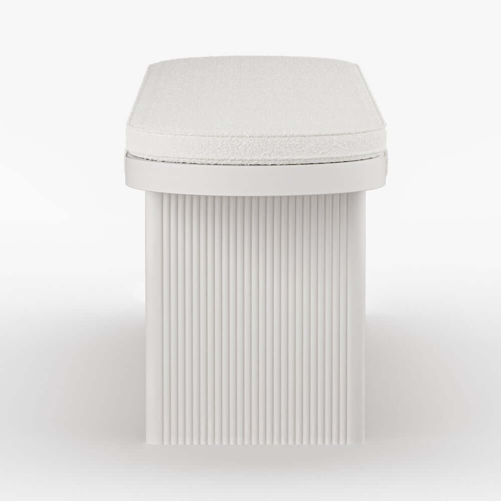 Modern Rubberwood Bench with White Boucle Upholstery