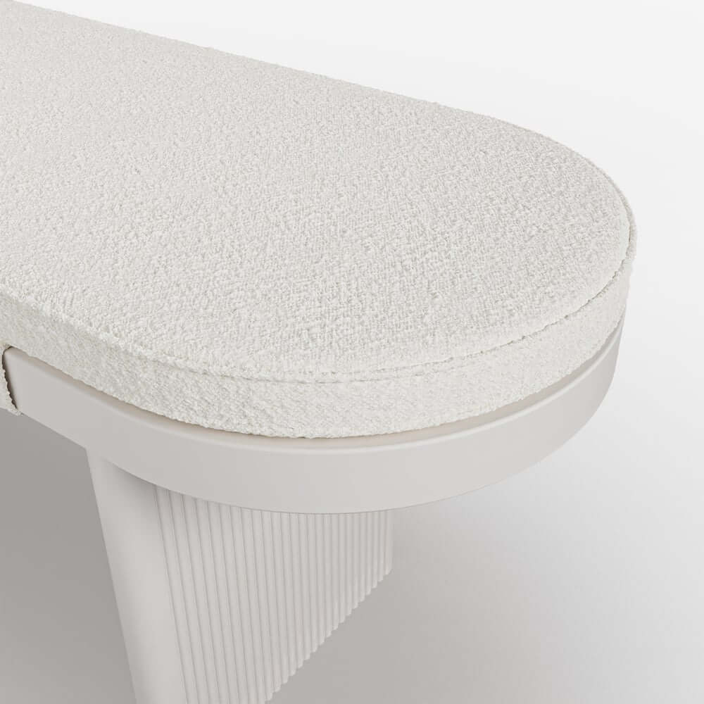 Modern Rubberwood Bench with White Boucle Upholstery