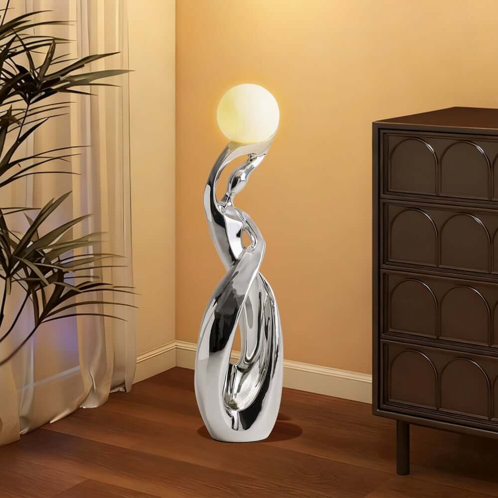 Modern Silver Resin Sculpture with LED Illuminated Sphere