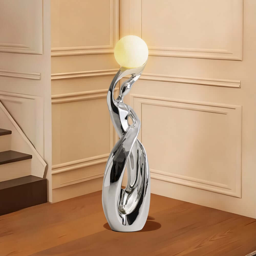 Modern Silver Resin Sculpture with LED Illuminated Sphere