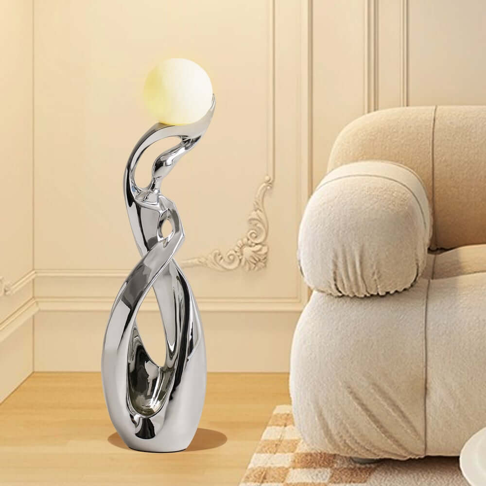 Modern Silver Resin Sculpture with LED Illuminated Sphere