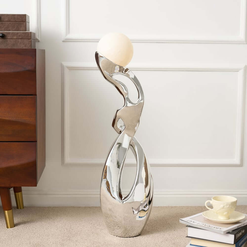 Modern Silver Resin Sculpture with LED Illuminated Sphere