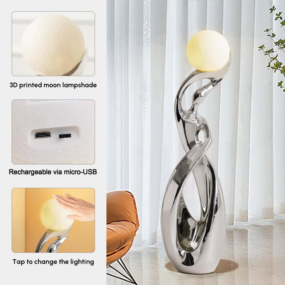 Modern Silver Resin Sculpture with LED Illuminated Sphere