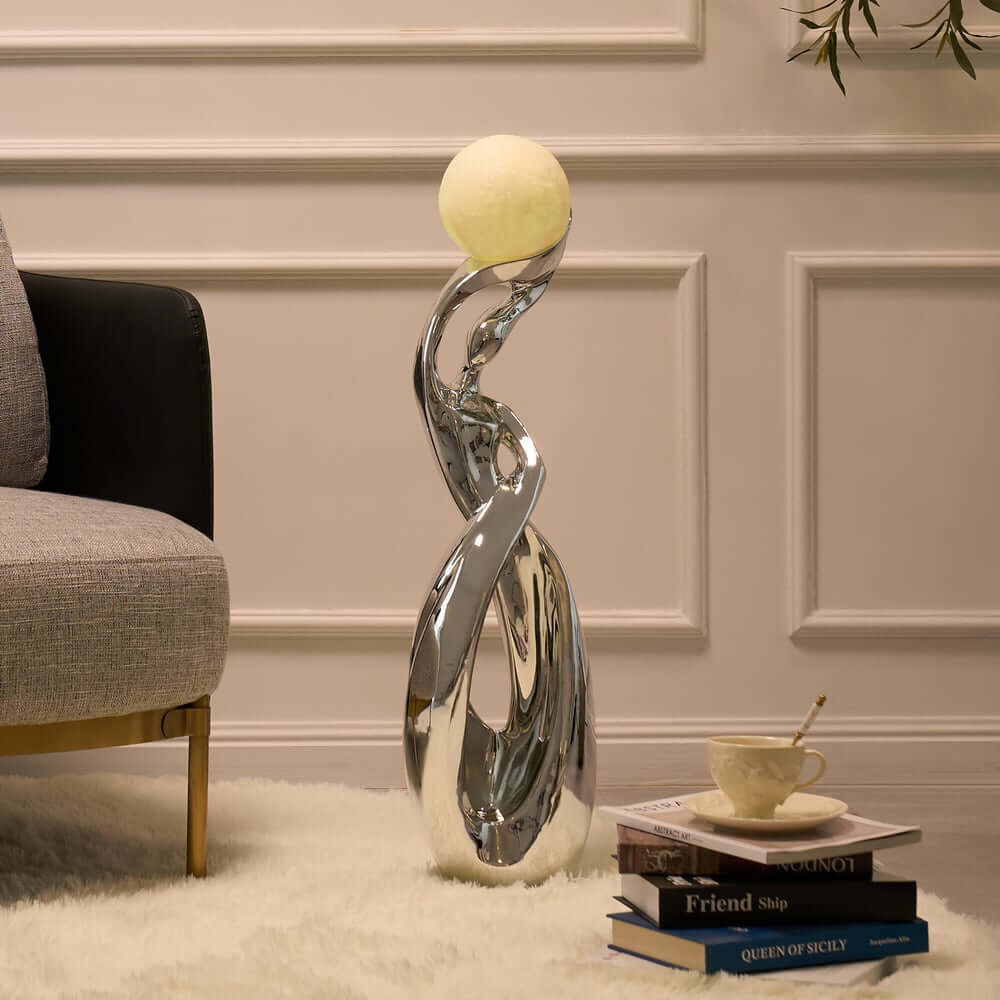 Modern Silver Resin Sculpture with LED Illuminated Sphere