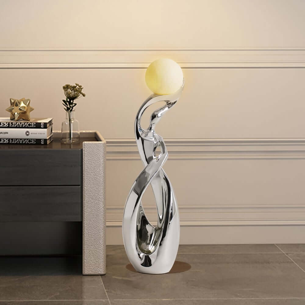 Modern Silver Resin Sculpture with LED Illuminated Sphere