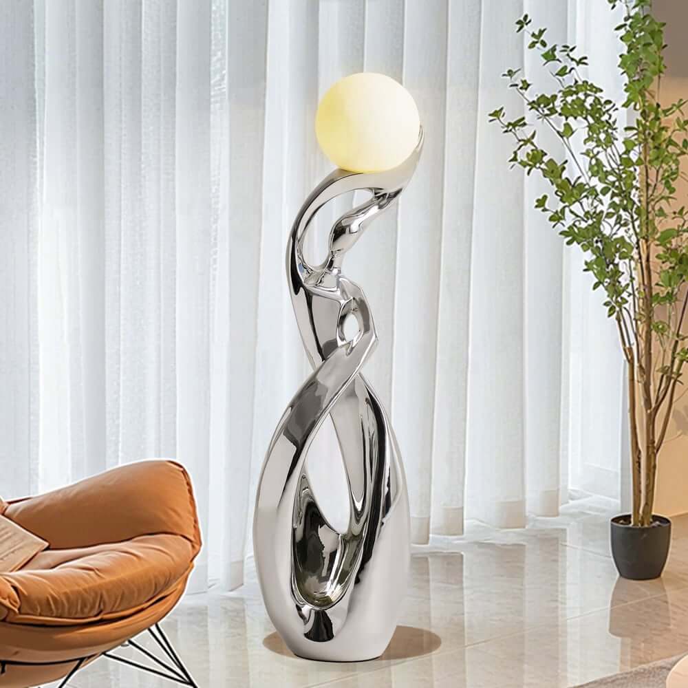 Modern Silver Resin Sculpture with LED Illuminated Sphere