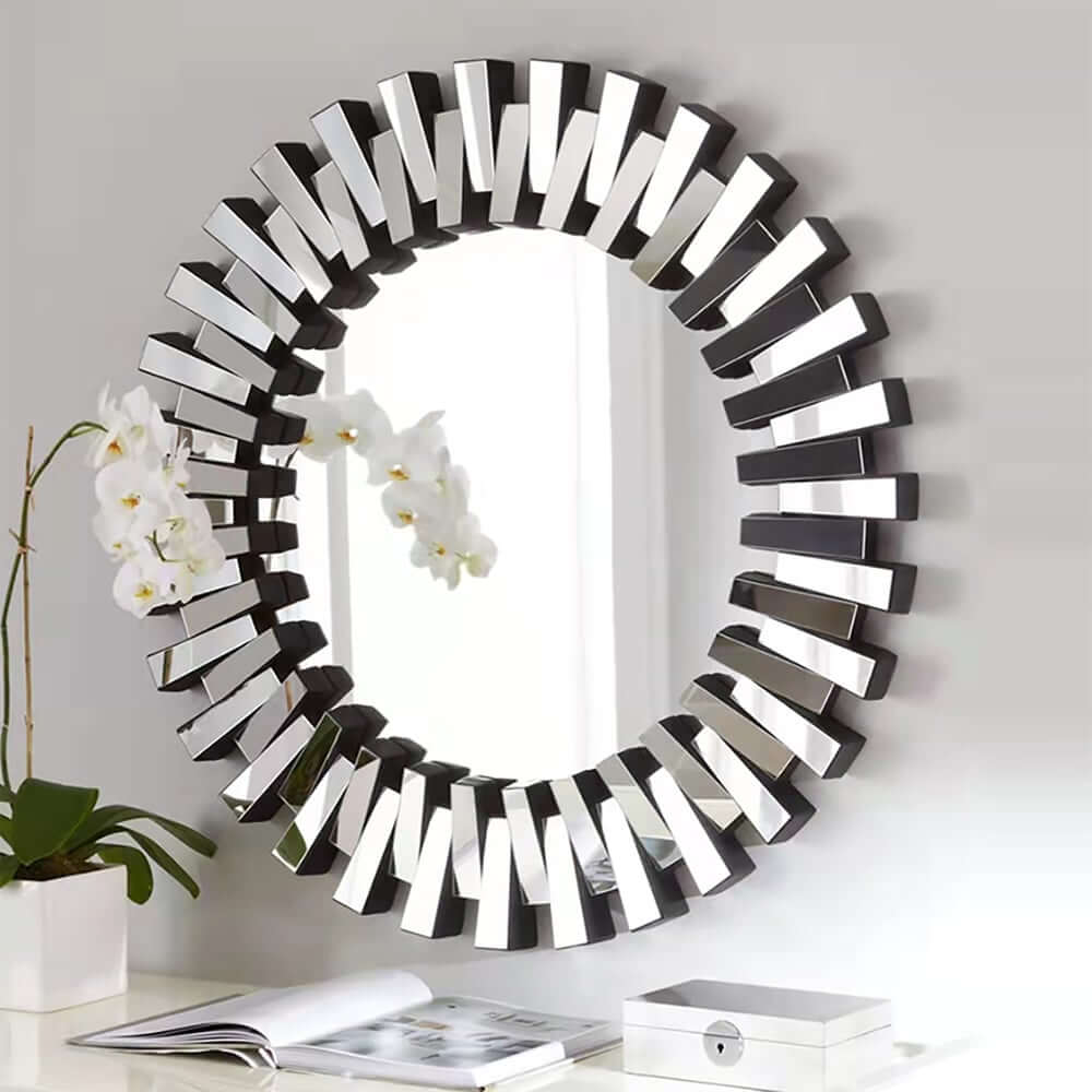 Modern Silver Round Wall Mirror with Radiating MDF Frame