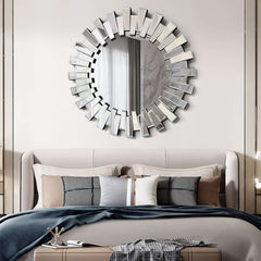 Modern Silver Round Wall Mirror with Radiating MDF Frame