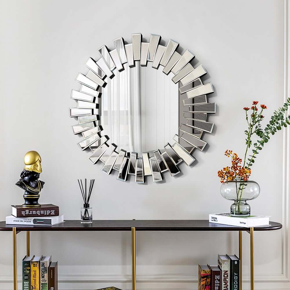 Modern Silver Round Wall Mirror with Radiating MDF Frame