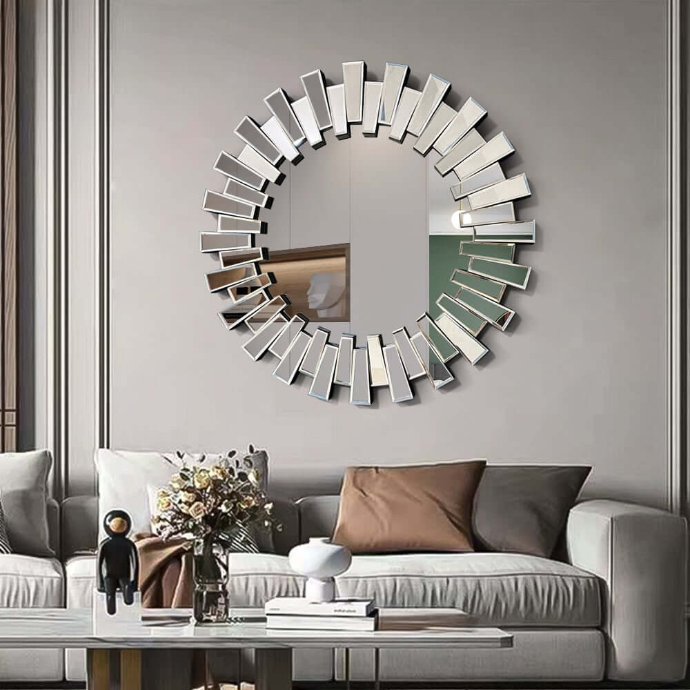 Modern Silver Round Wall Mirror with Radiating MDF Frame