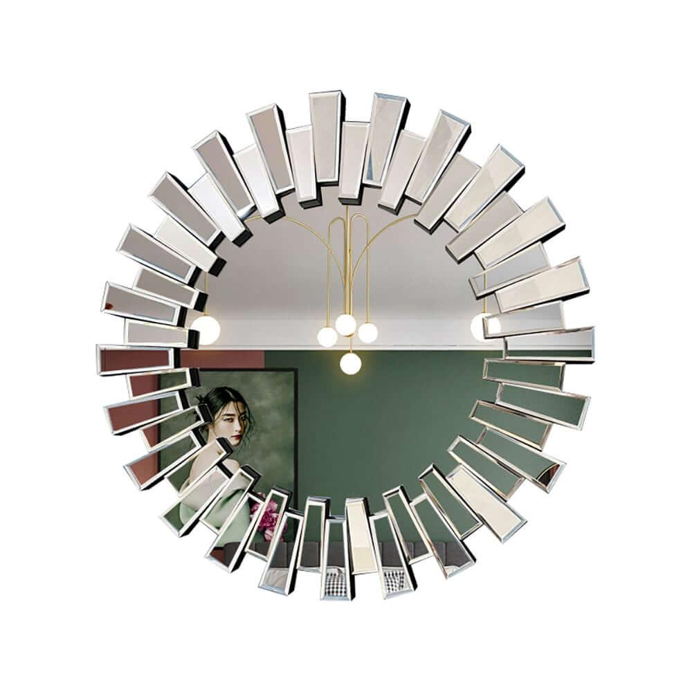 Modern Silver Round Wall Mirror with Radiating MDF Frame