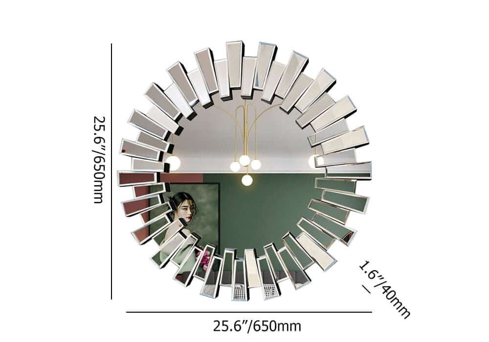 Modern Silver Round Wall Mirror with Radiating MDF Frame Dimensions
