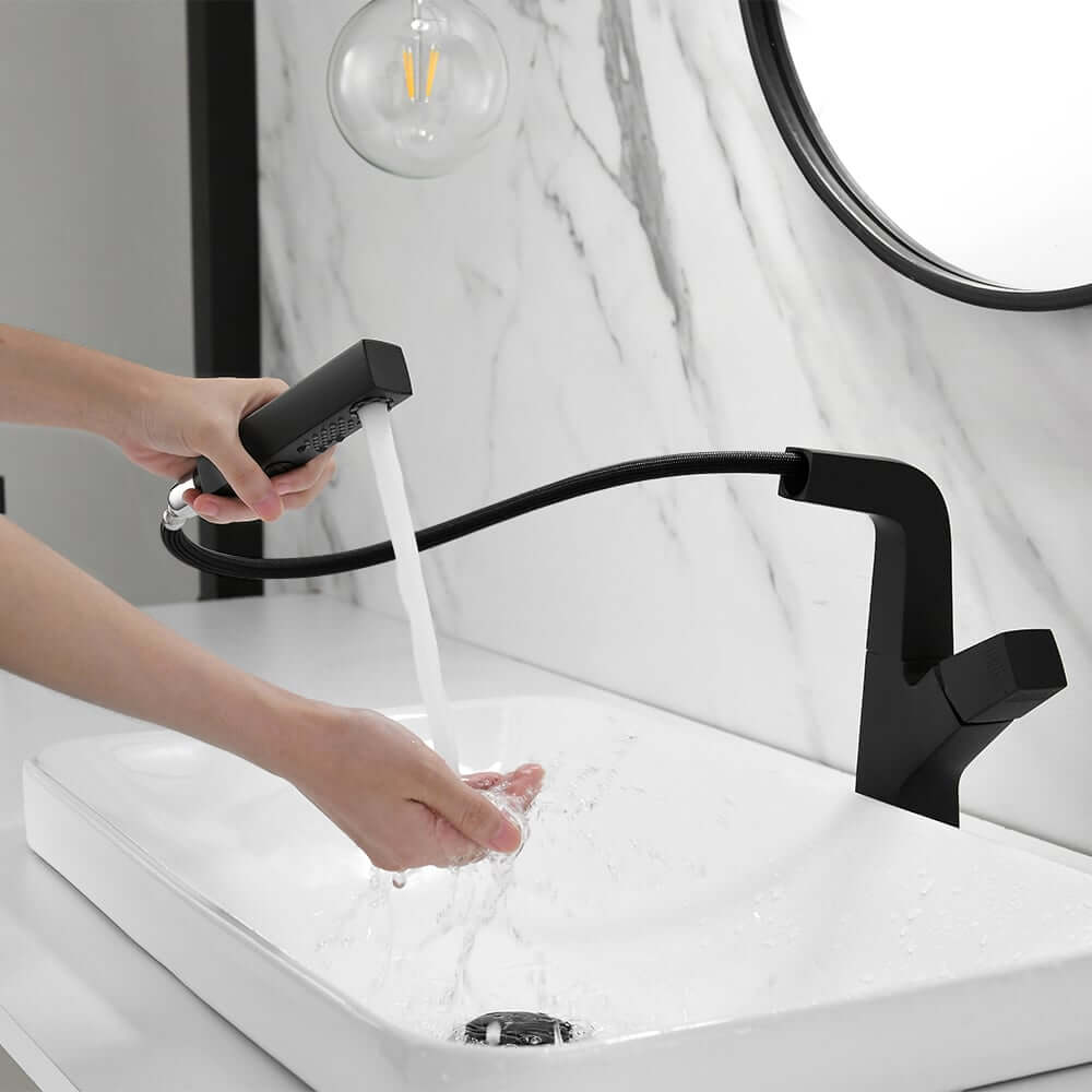 Modern Single Handle Pull-Out Bathroom Faucet in Black