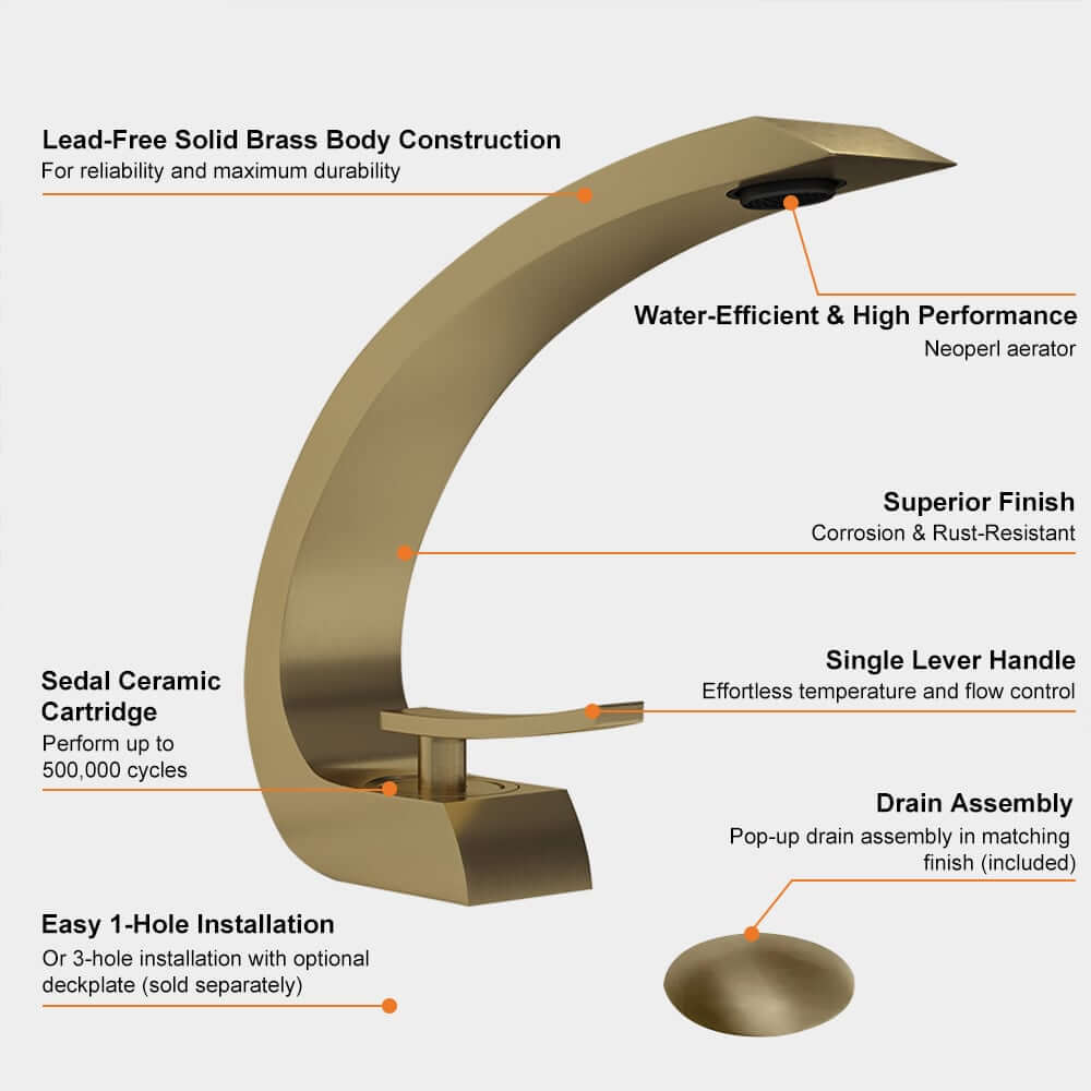 Modern Single Hole Bathroom Faucet in Brass with Lever Handle