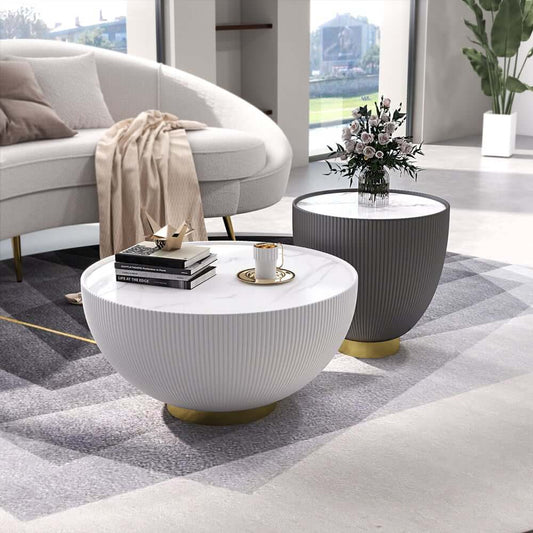 Modern Sintered Stone Coffee Table With Gold Drum Base