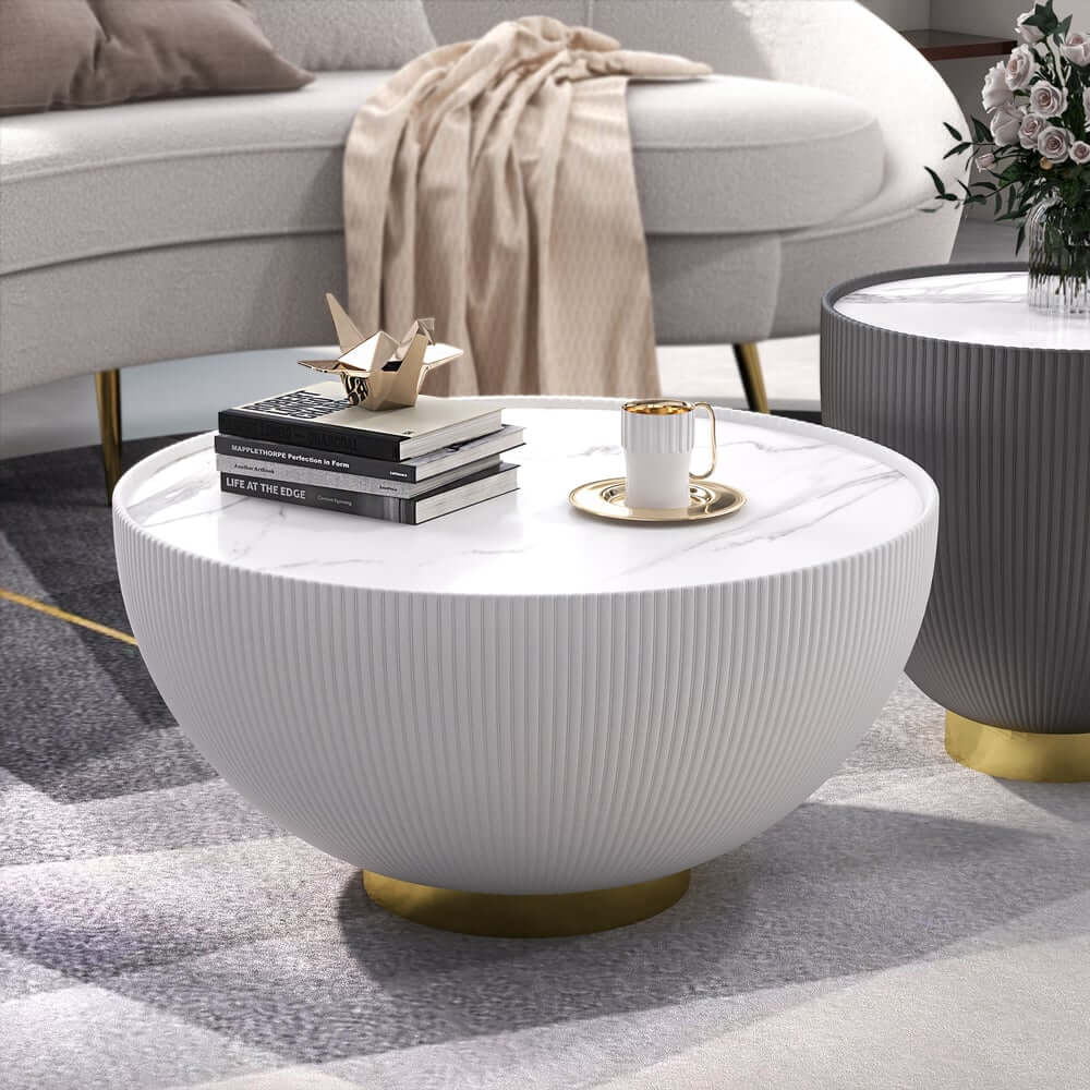 Modern Sintered Stone Coffee Table With Gold Drum Base