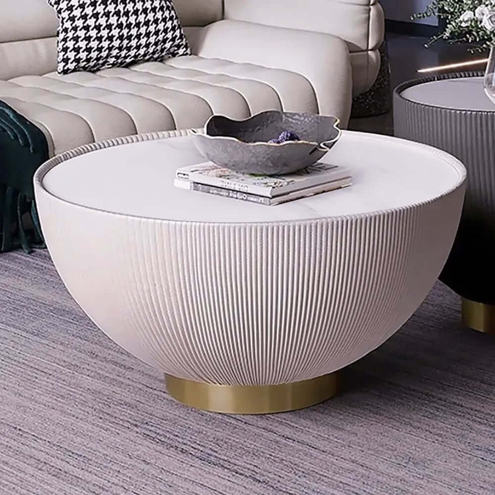 Modern Sintered Stone Coffee Table With Gold Drum Base