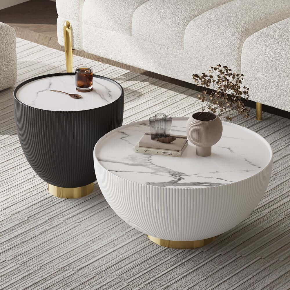 Modern Sintered Stone Coffee Table With Gold Drum Base