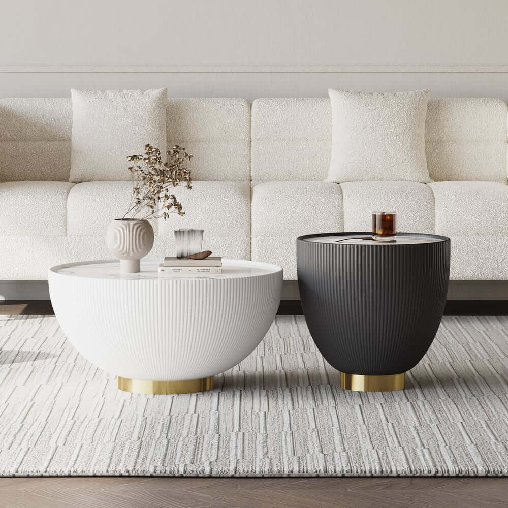 Modern Sintered Stone Coffee Table With Gold Drum Base
