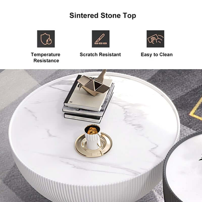 Modern Sintered Stone Coffee Table With Gold Drum Base