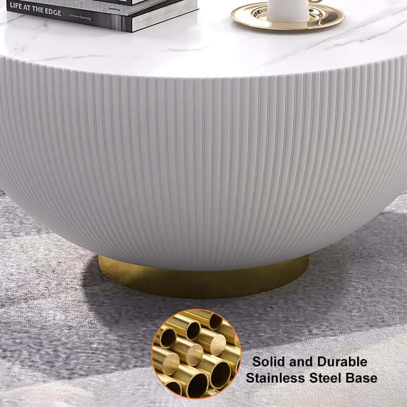 Modern Sintered Stone Coffee Table With Gold Drum Base