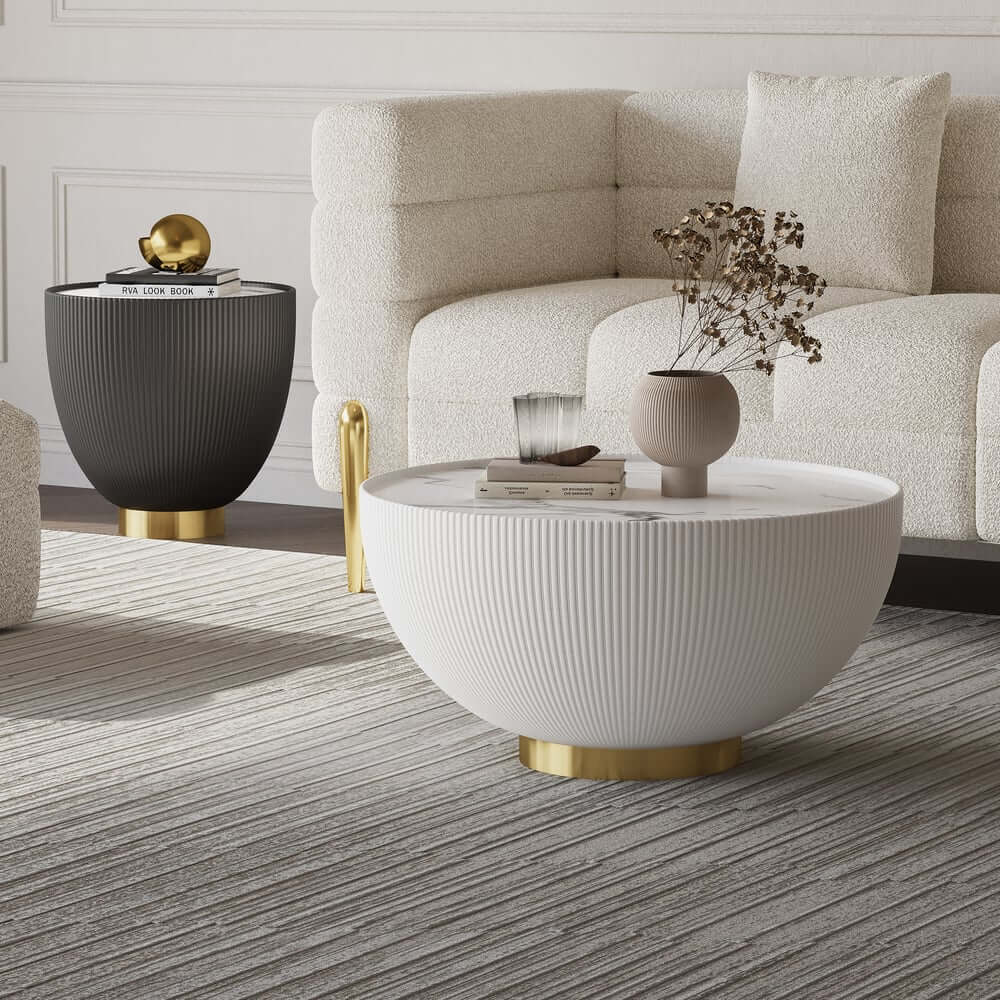 Modern Sintered Stone Coffee Table With Gold Drum Base