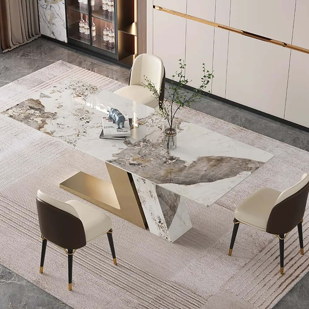 Modern Sintered Stone Dining Set With Gold Base, 9-Piece