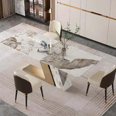 Modern Sintered Stone Dining Set With Gold Base, 9-Piece