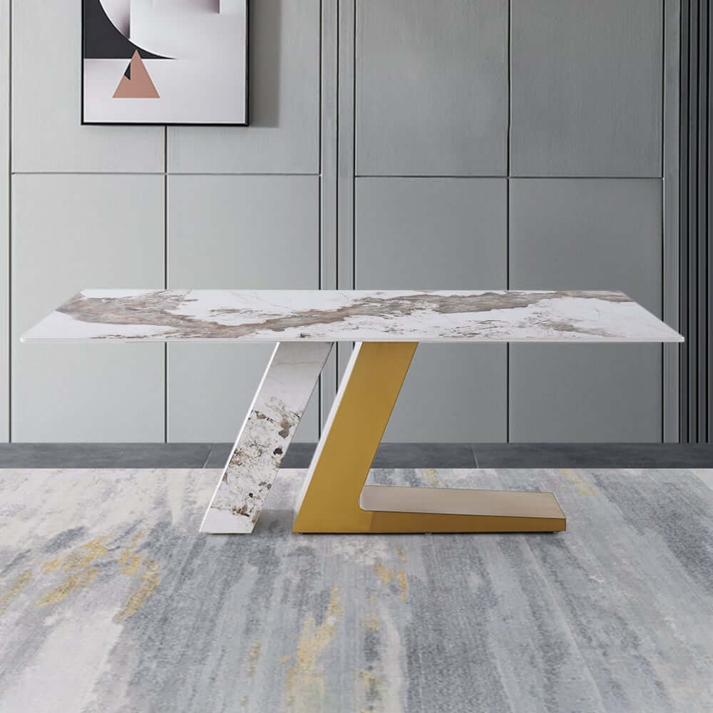 Modern Sintered Stone Dining Set With Gold Base, 9-Piece