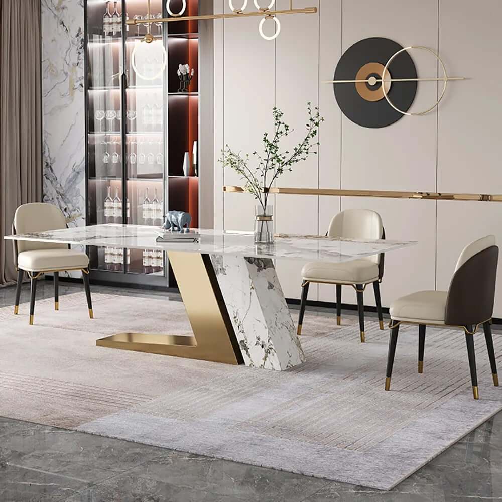 Modern Sintered Stone Dining Set With Gold Base, 9-Piece