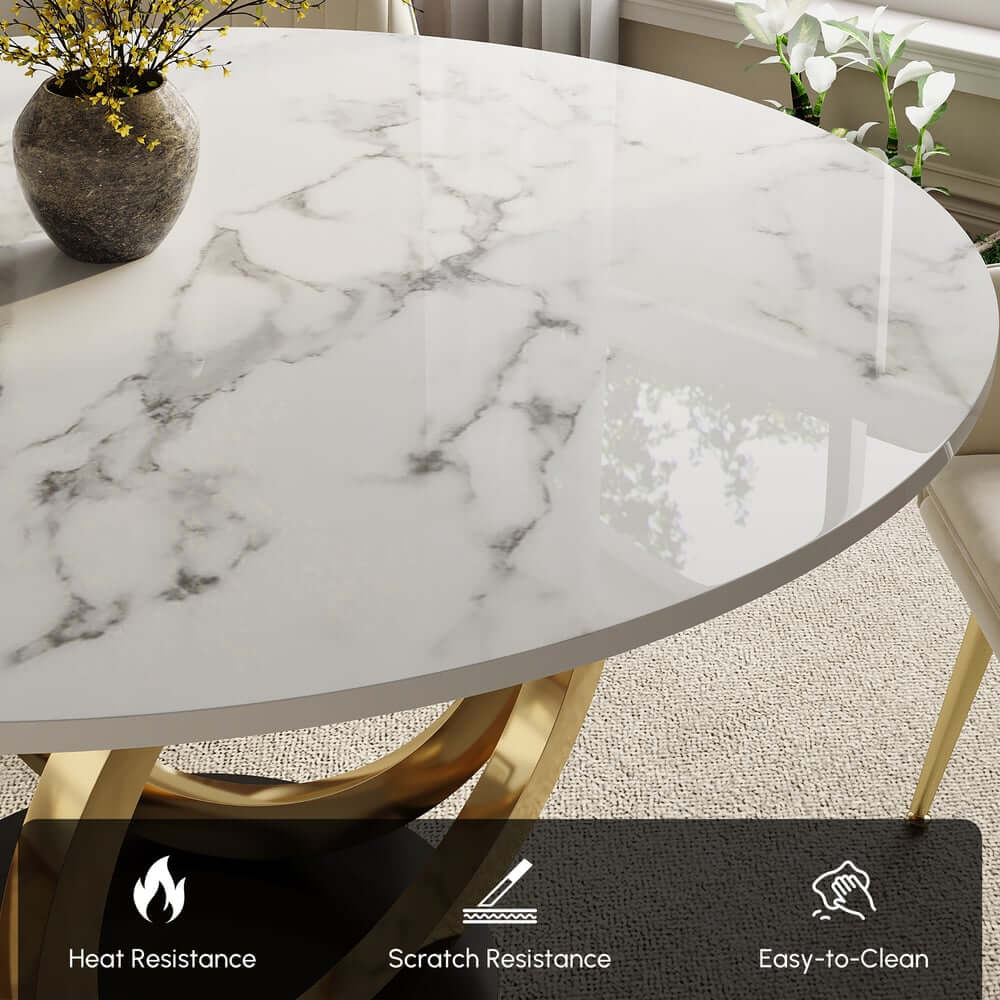 Modern Sintered Stone Dining Set With Gold Pedestal Base