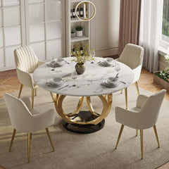 Modern Sintered Stone Dining Set With Gold Pedestal Base
